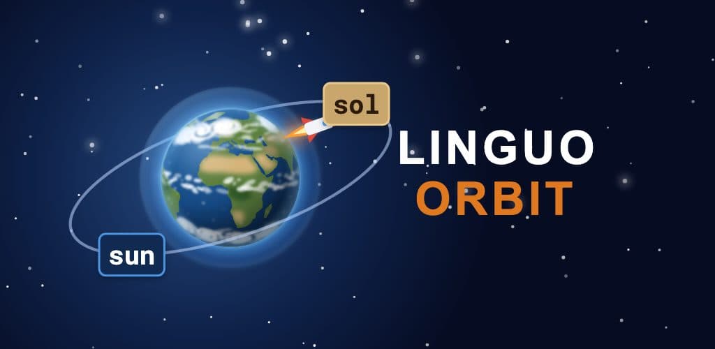 Two words, “sun” and “sol”, orbiting Earth with a rocket heading for one of them