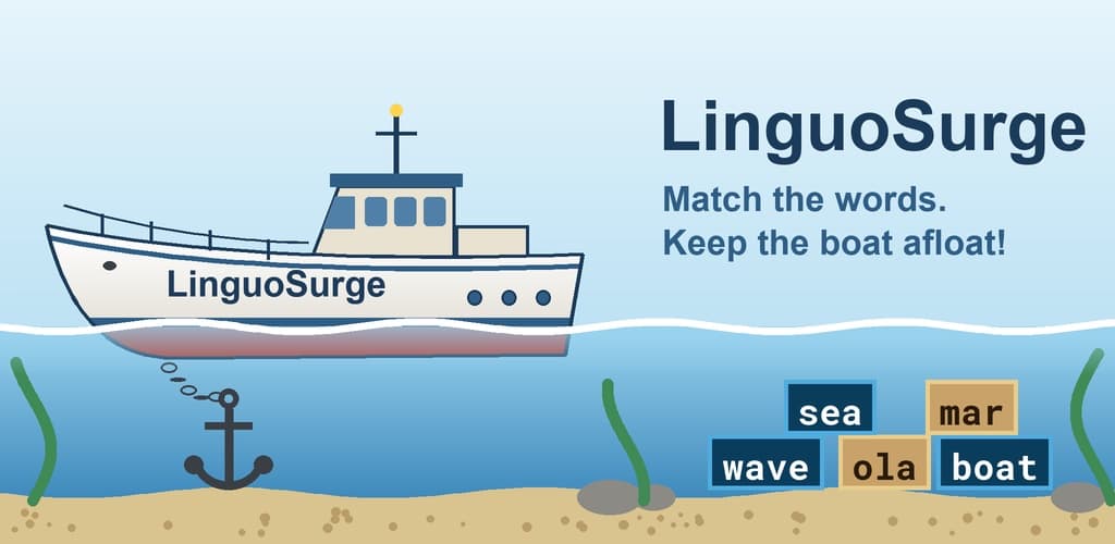 The LinguoSurge boat floating above a pile of words on the sea floor, chained to an anchor
